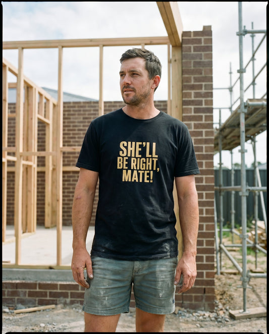 She'll Be Right, Mate tee — Australian tradie — chantier shot