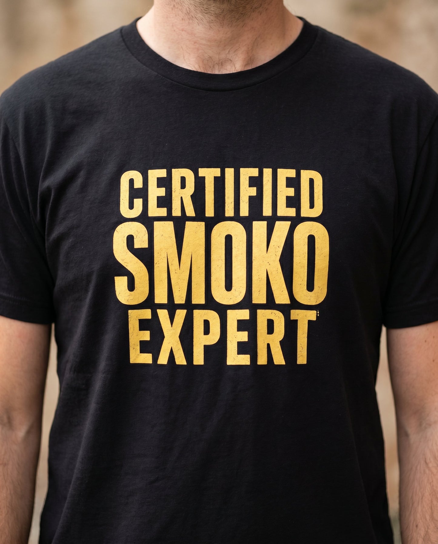 Certified Smoko Expert tee — Australian tradie — detail shot