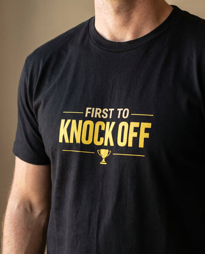 First to Knock Off tee — Australian tradie — detail shot