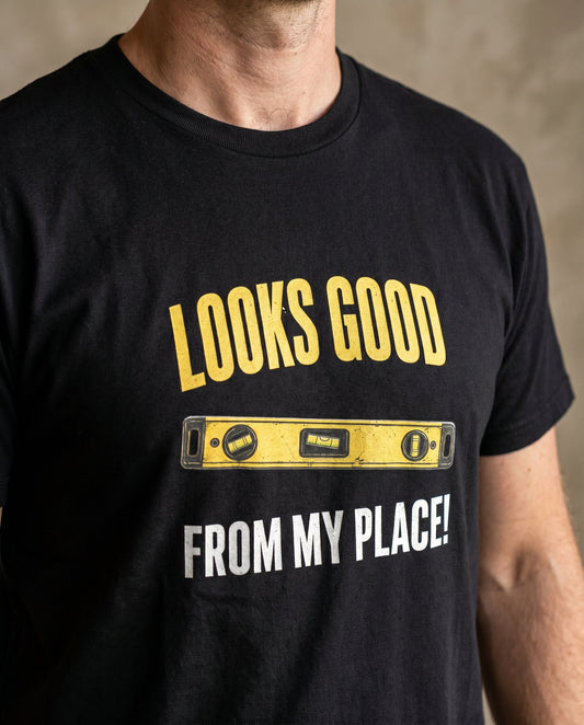 Looks Good From My Place tee — Australian tradie — detail shot