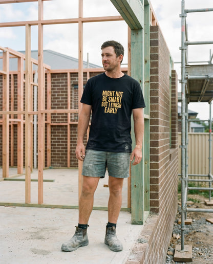 Might Not Be Smart tee — Australian tradie — chantier shot