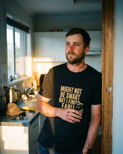 Might Not Be Smart tee — Australian tradie — interieur shot