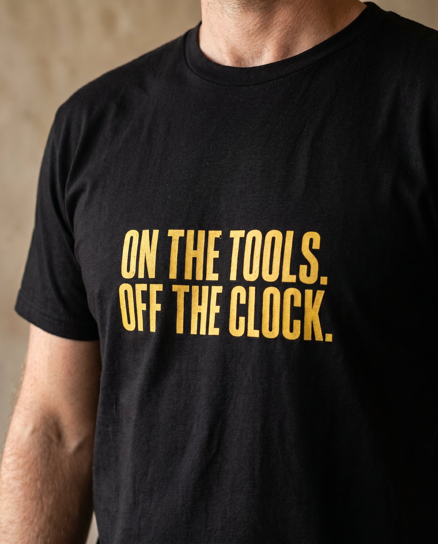 On the Tools, Off the Clock tee — Australian tradie — detail shot