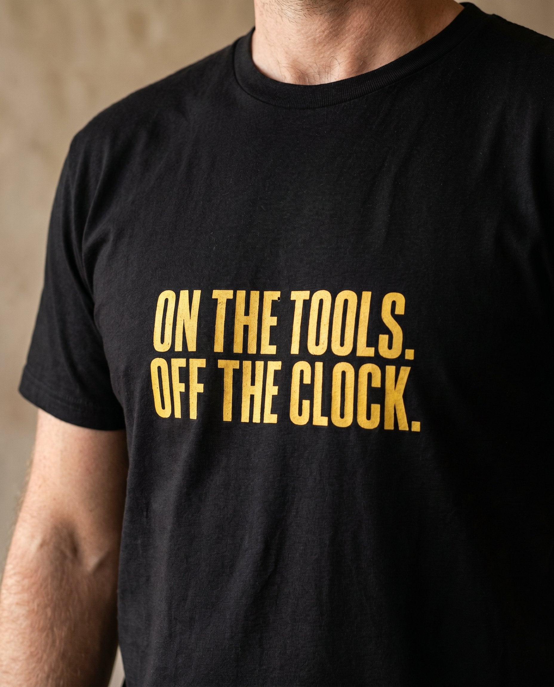On the Tools, Off the Clock tee — Australian tradie — detail shot