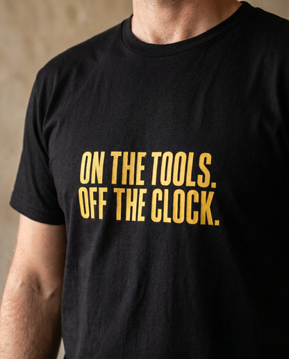 On the Tools, Off the Clock tee — Australian tradie — detail shot