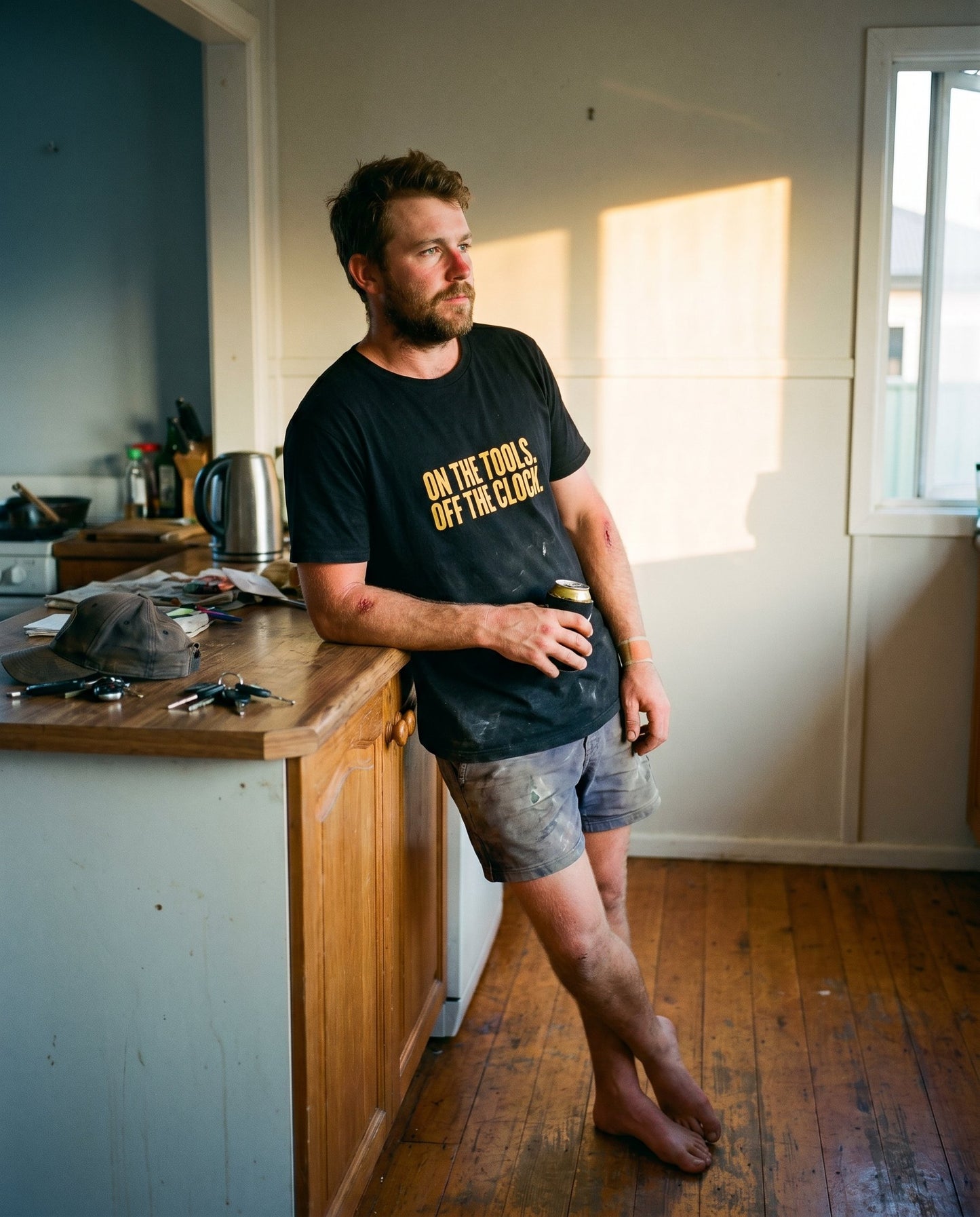On the Tools, Off the Clock tee — Australian tradie — interieur shot