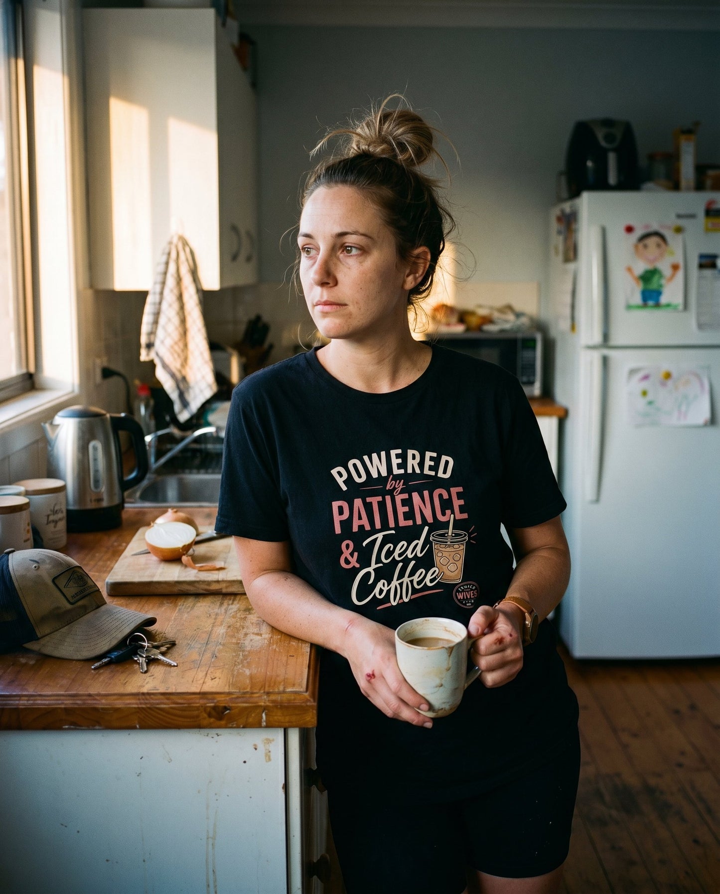 Powered by Patience & Iced Coffee tee — Tradie Wives Club — interieur shot