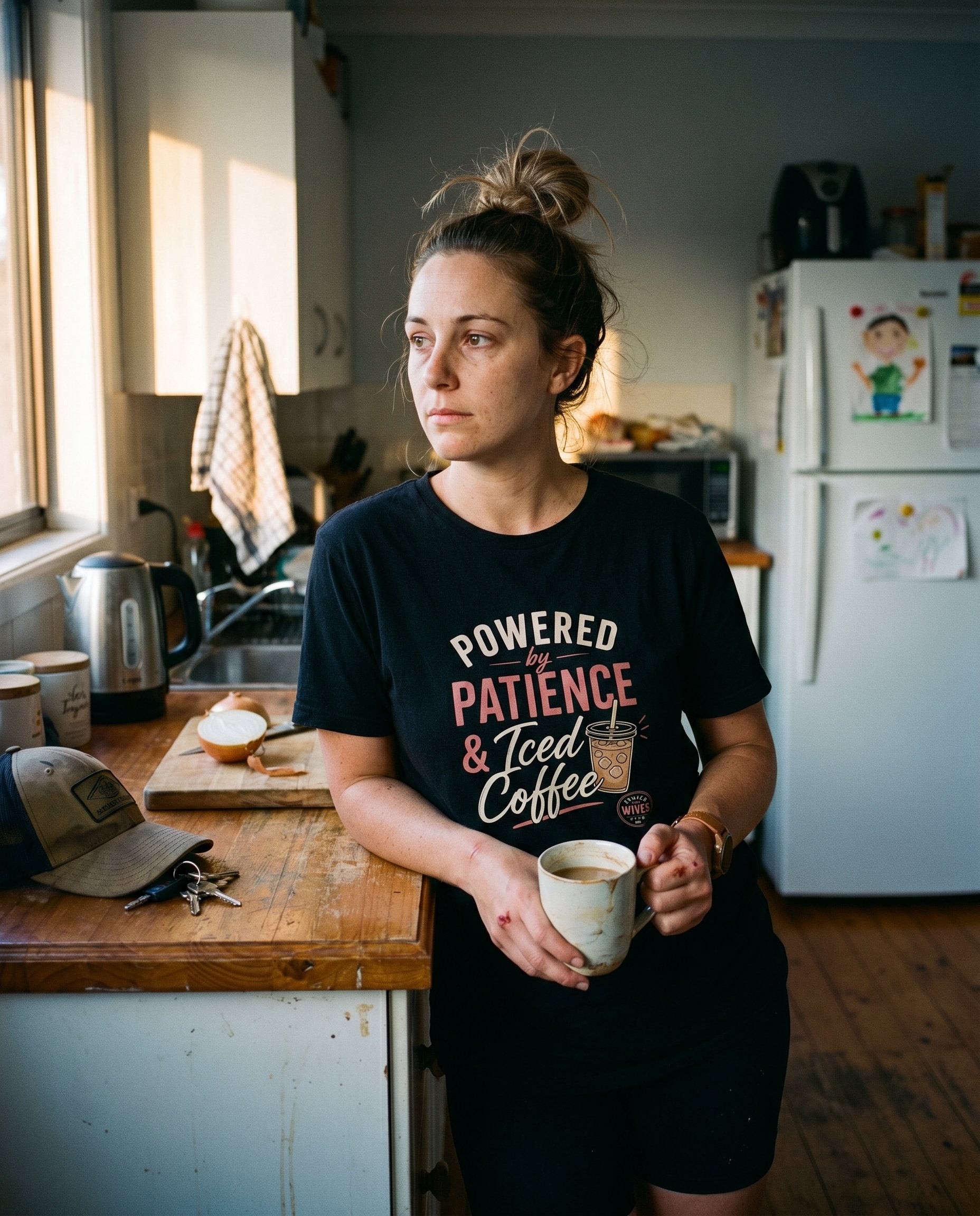 Powered by Patience & Iced Coffee tee — Tradie Wives Club — interieur shot