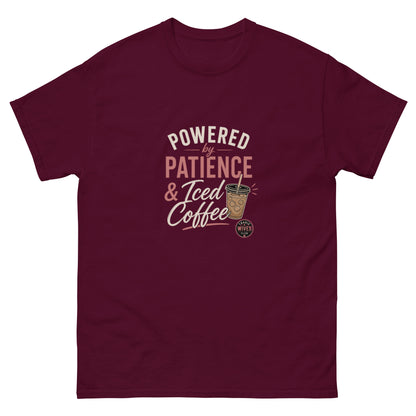 Powered by Patience & Iced Coffee tee - Maroon mockup