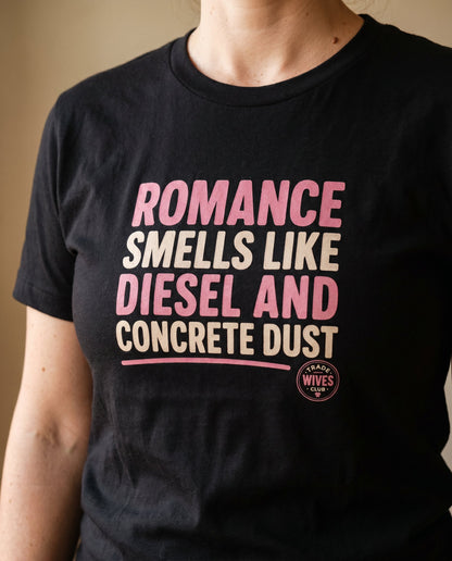 Romance Smells Like Diesel & Concrete Dust tee — Tradie Wives Club — detail shot