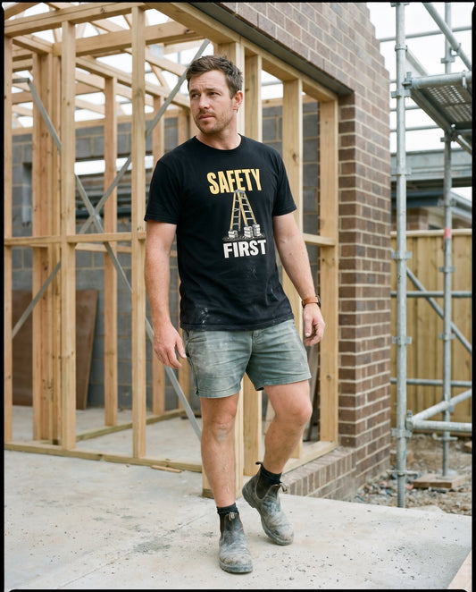 Safety First tee — Australian tradie — chantier shot