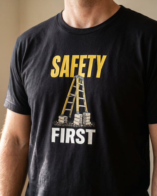 Safety First tee — Australian tradie — detail shot
