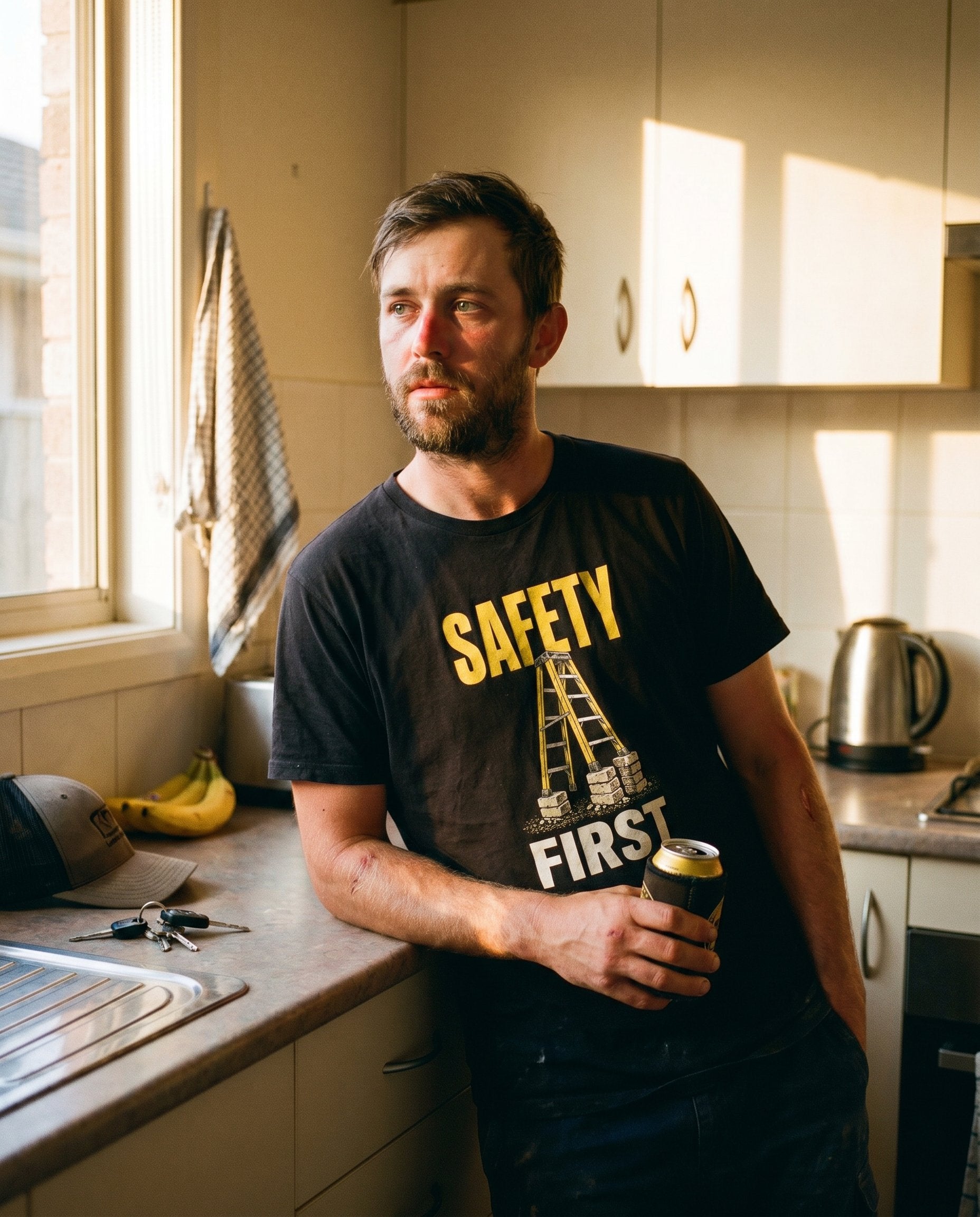 Safety First tee — Australian tradie — interieur shot