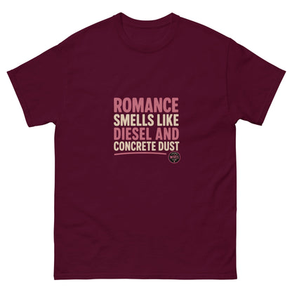 Romance Smells Like Diesel & Concrete Dust tee - maroon mockup