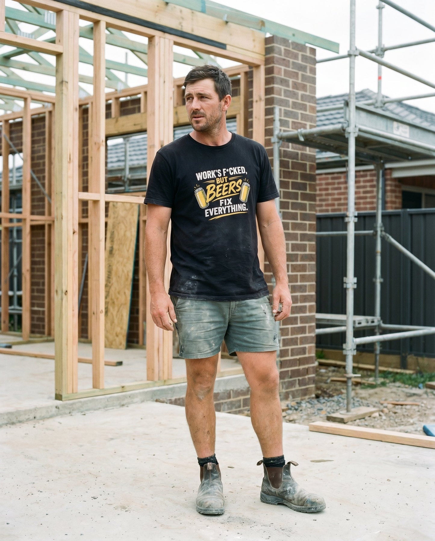 Work's F*cked But Beers Fix Everything tee — Australian tradie — chantier shot