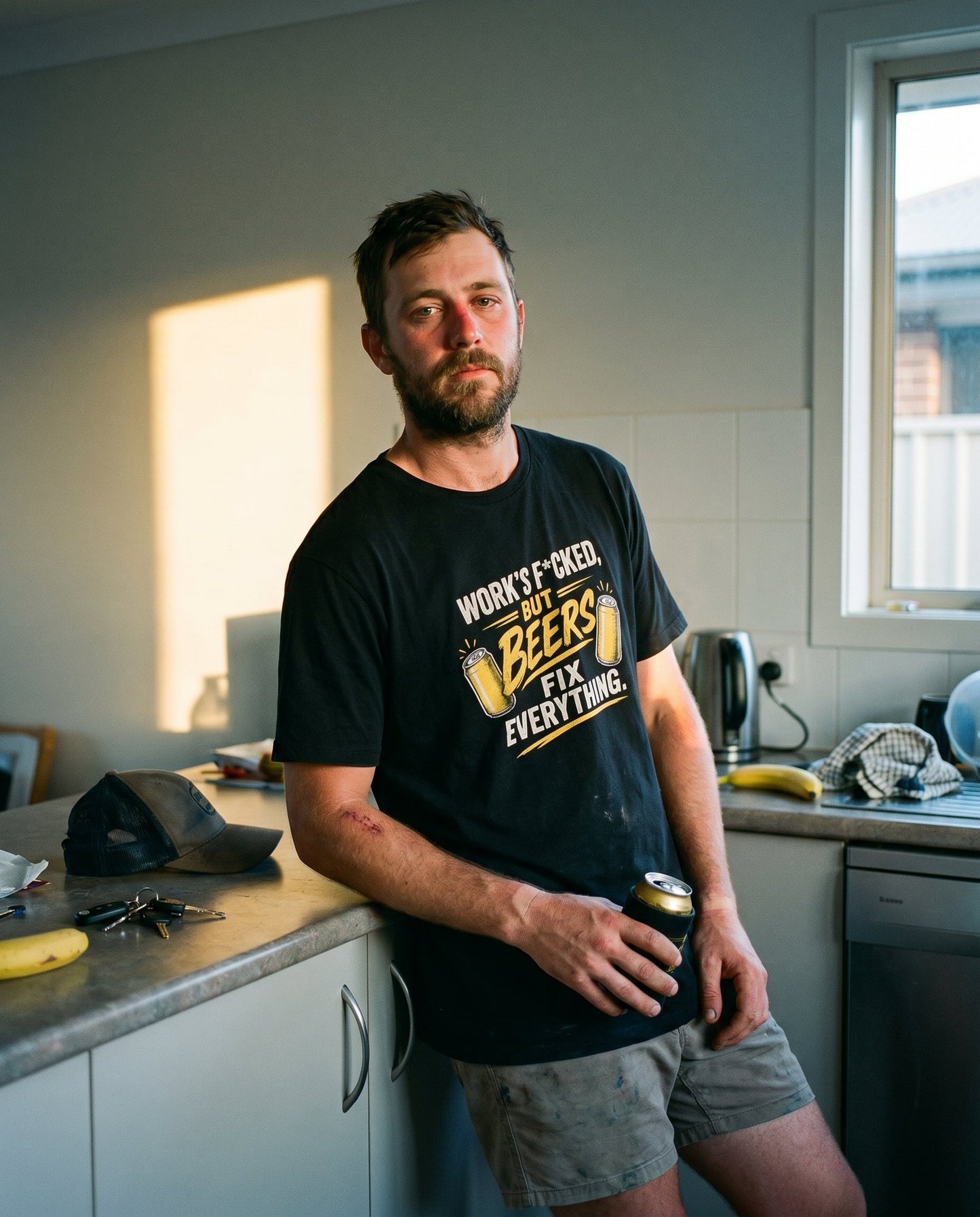 Work's F*cked But Beers Fix Everything tee — Australian tradie — interieur shot